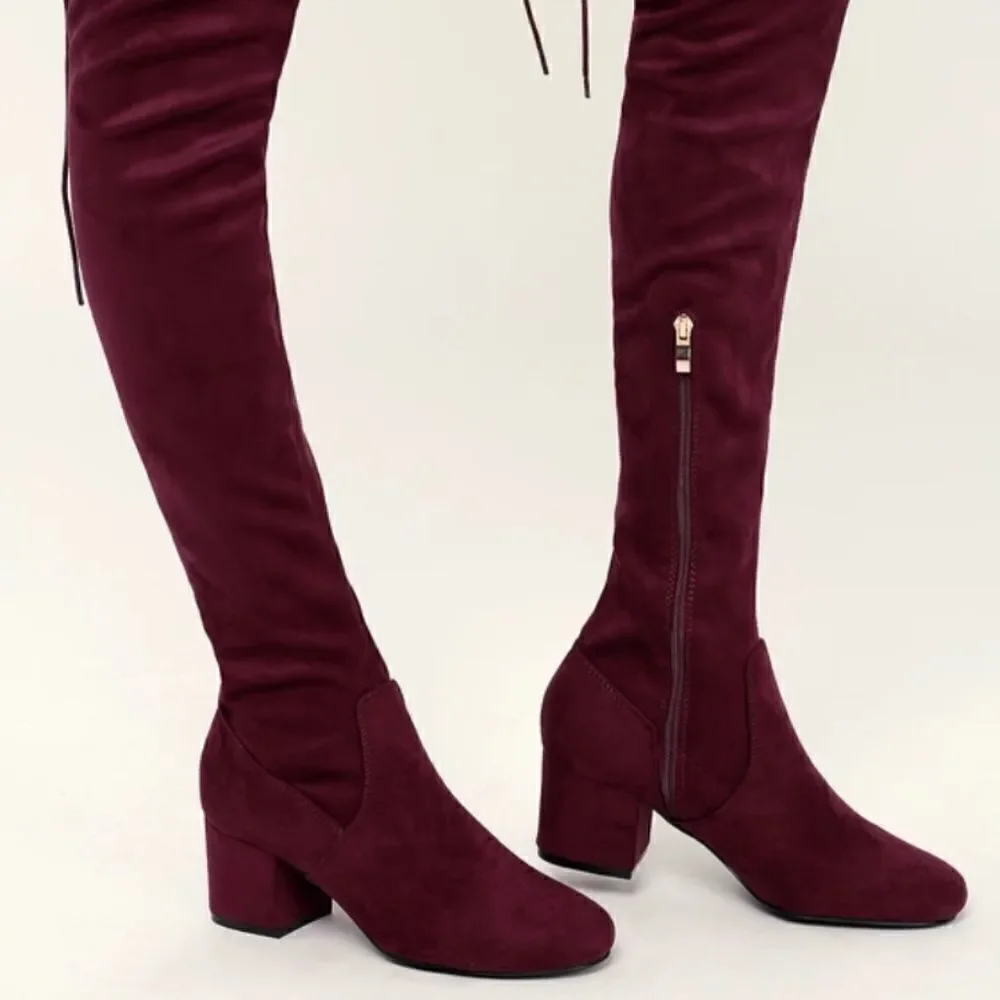 Lulu's Burgundy Suede Over-the-Knee Boots